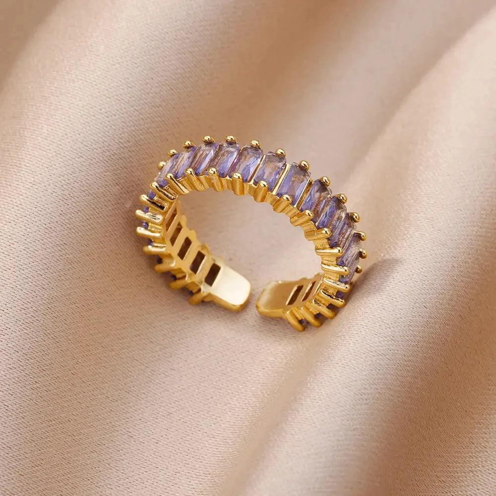 Colorful Cubic Zirconia Open Ring | 18K Gold Plated Stainless Steel | Boho Vintage Style | Women's Gift