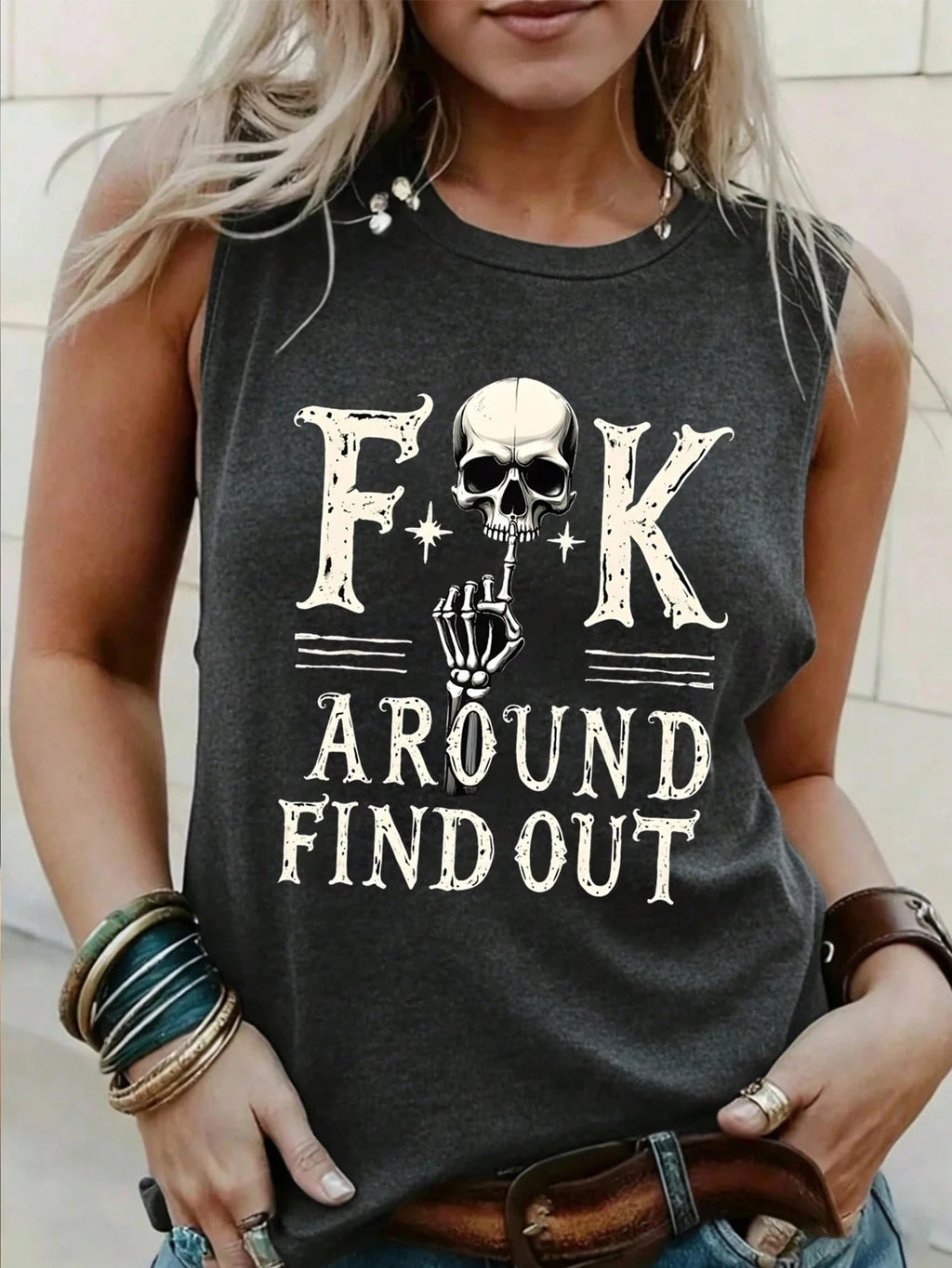 Top sin mangas con estampado retro de calle oscura europea casual y moderno para mujer