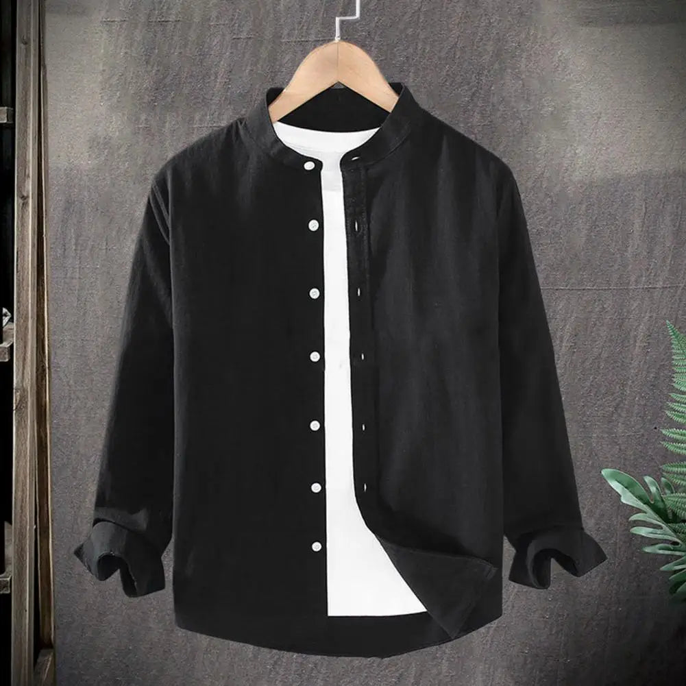 Camisa de lino de cuello mao para hombre - Manga larga casual (M-4XL)