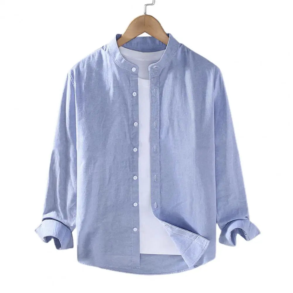 Men's Linen Stand Collar Shirt - Long Sleeve Casual (M-4XL)