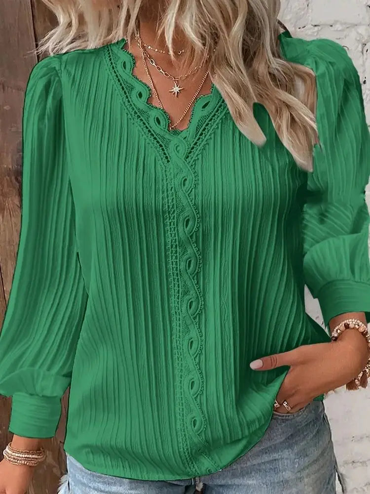 Women's Lace Patchwork Blouse - V-Neck Long Sleeve (S-XXL)