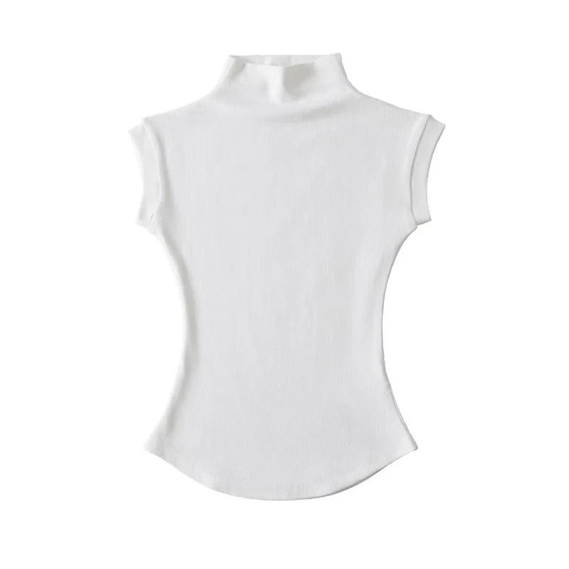 Camisetas sin mangas sexys de cuello alto para mujer, ajustadas, lisas, informales, de verano, camisetas básicas para la calle