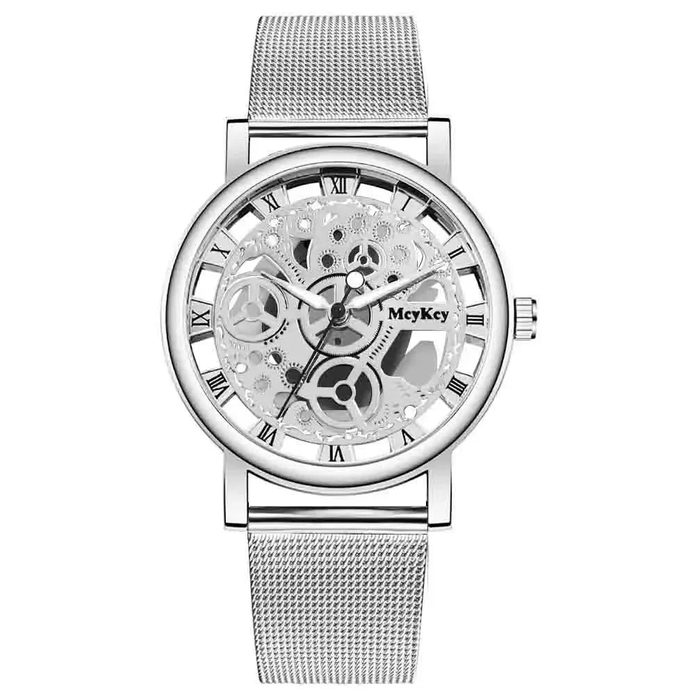 Moda Top Mujeres Reloj de Pulsera de Cuarzo de Malla Metálica para Dama con Diseño de Esqueleto Hueco y Reloj Mecánico Falso para Mujer Relogio Feminino