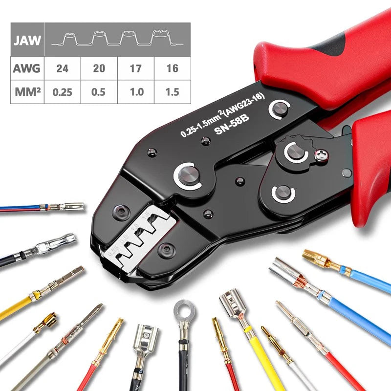 SN-58B Ratcheting Crimping Tool — For Dupont, JST, Molex, SATA & Open Barrel Terminals