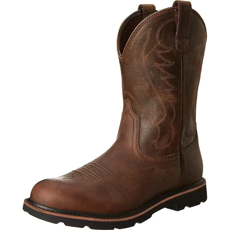 Men's Slip-On Cowboy Boots – Tree Embroidery Western Mid-Calf