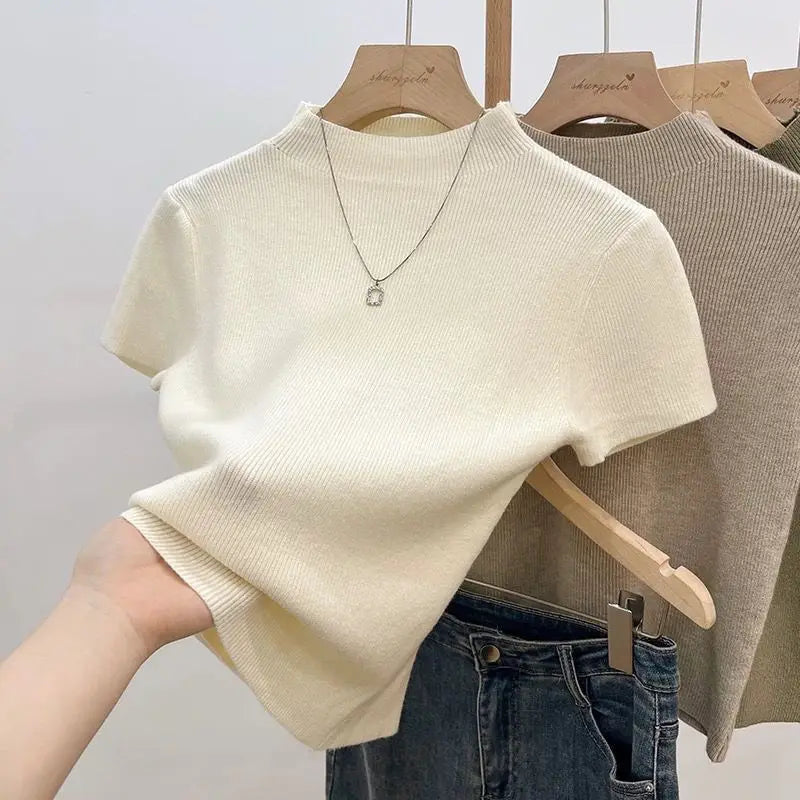 Suéter de punto ajustado de cuello alto básico para mujer | Camiseta ajustada de manga corta Talla única