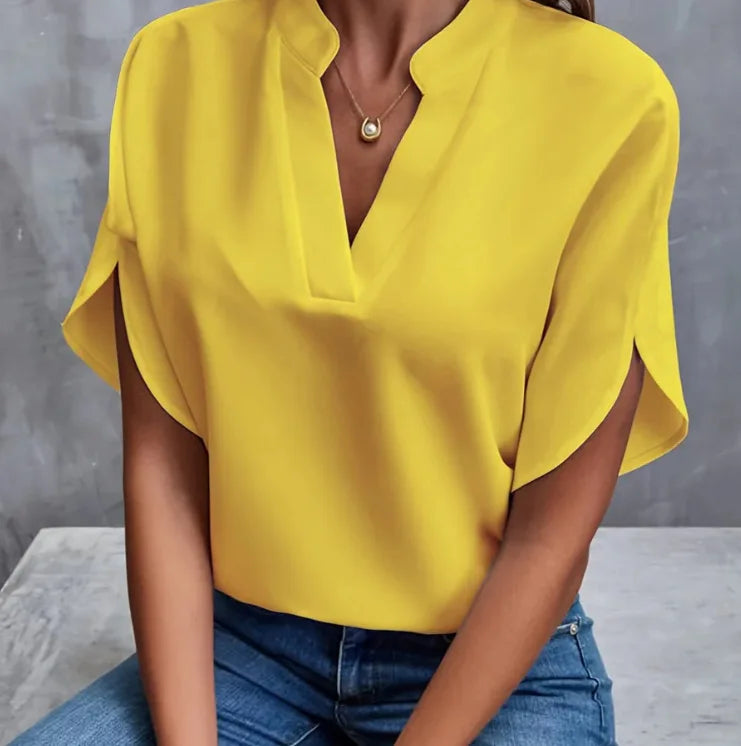 Women's V-Neck Blouse - Short Sleeve Loose Fit (S-XXL)