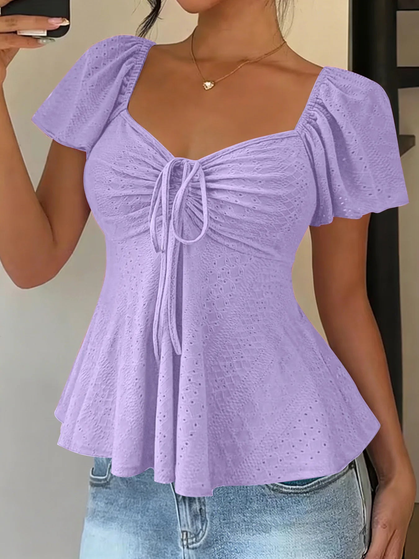 Women's Y2K Drawstring Blouse - V-Neck Butterfly Sleeve (S-XXL)