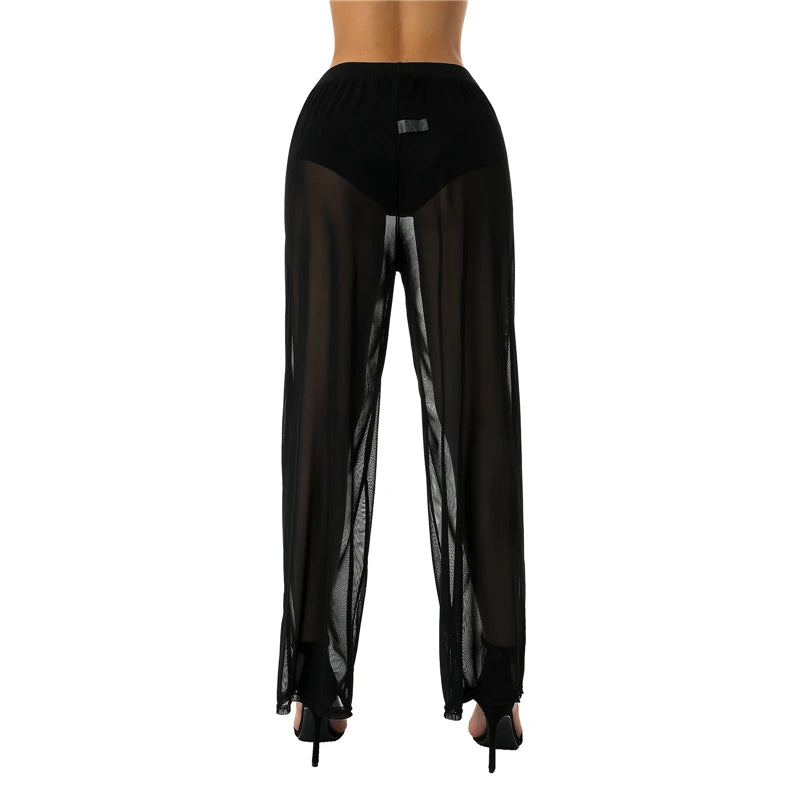 Pantalón sexy transparente de cintura alta para mujer, informal, largo, estilo Y2K, pernera ancha, transparente, largo, para verano, ropa urbana