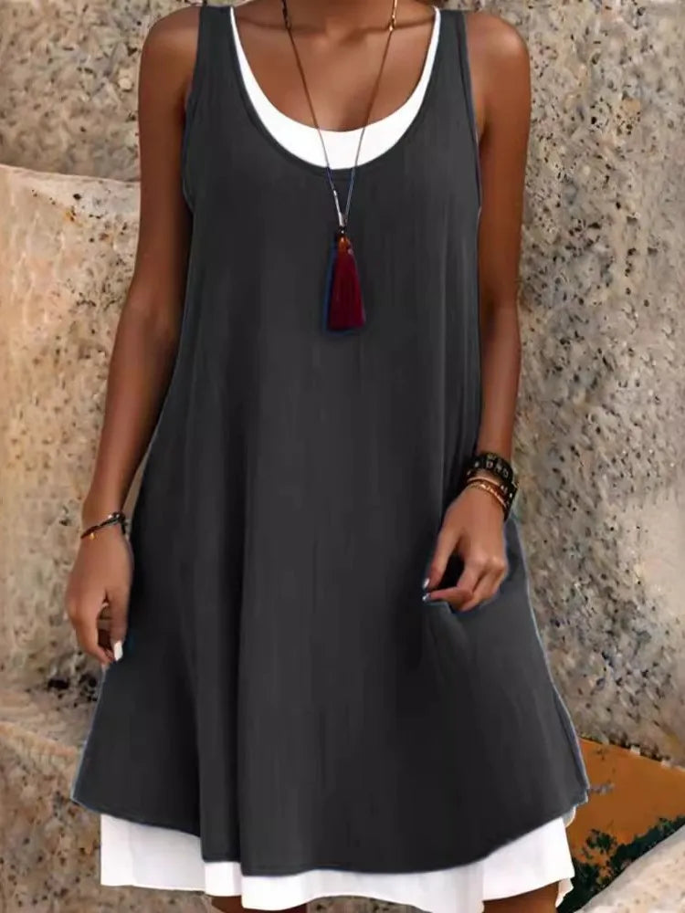Women's Sleeveless Fake Two-Piece Loose A-Line Dress