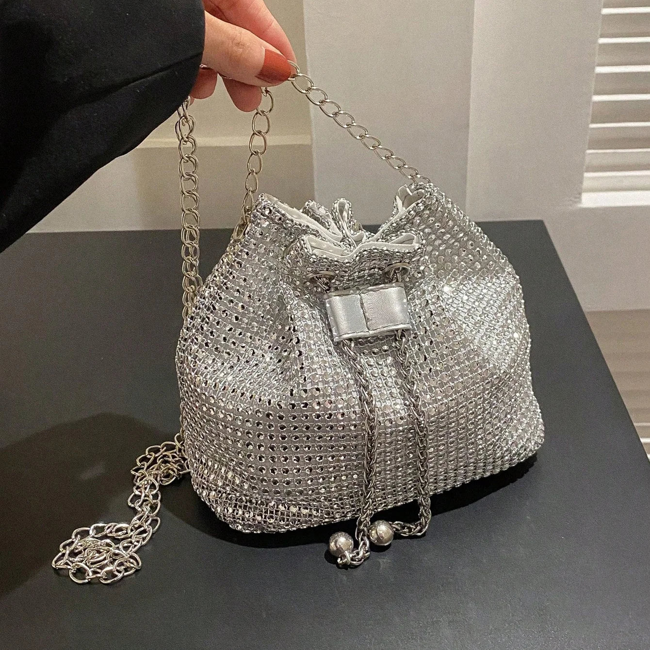 Sparkling Rhinestone Drawstring Bucket Purse — Crossbody Bag for Women