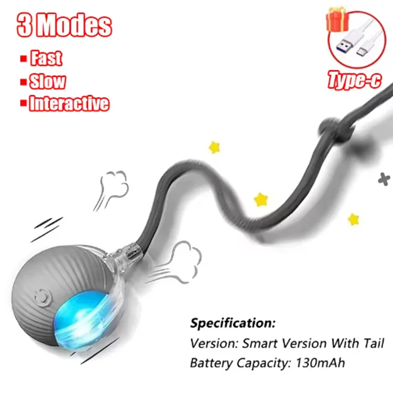 Auto-Rolling Cat Ball Toy with Tail — USB Rechargeable