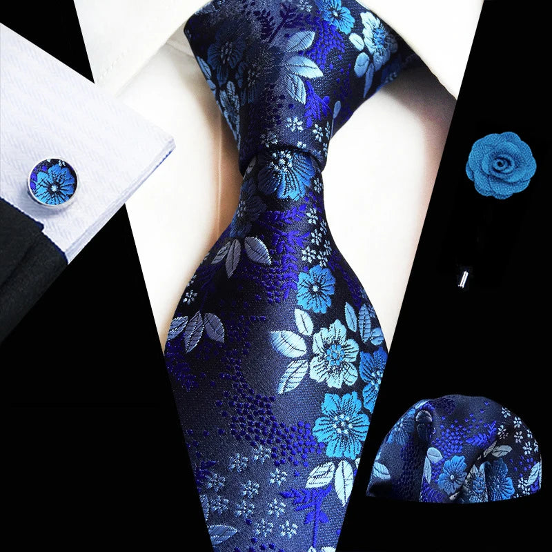 Floral Silk Necktie, Pocket Square & Cufflinks Set – Multiple Colors