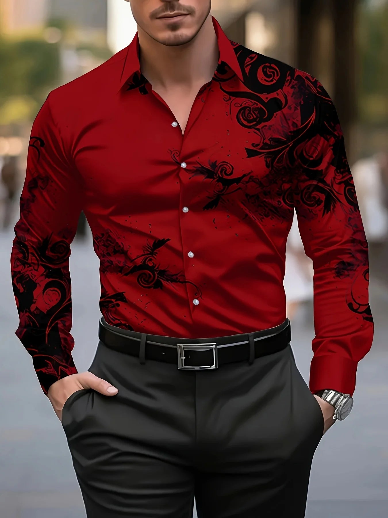 Men's Floral Print Dress Shirt - Long Sleeve Button-Up (S-5XL)