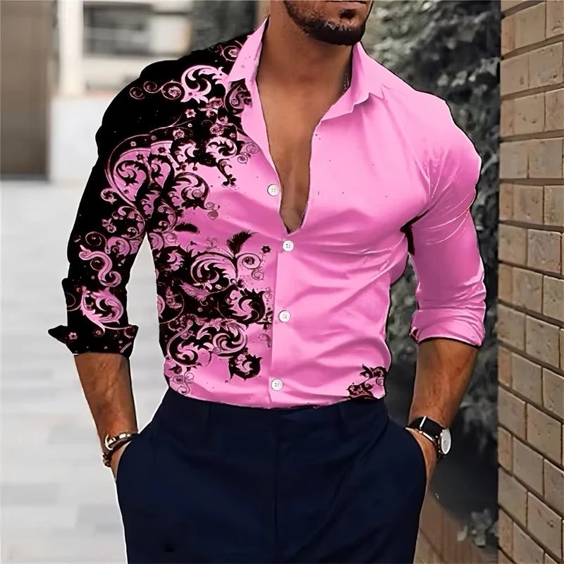 Men's Floral Print Dress Shirt - Long Sleeve Button-Up (S-5XL)