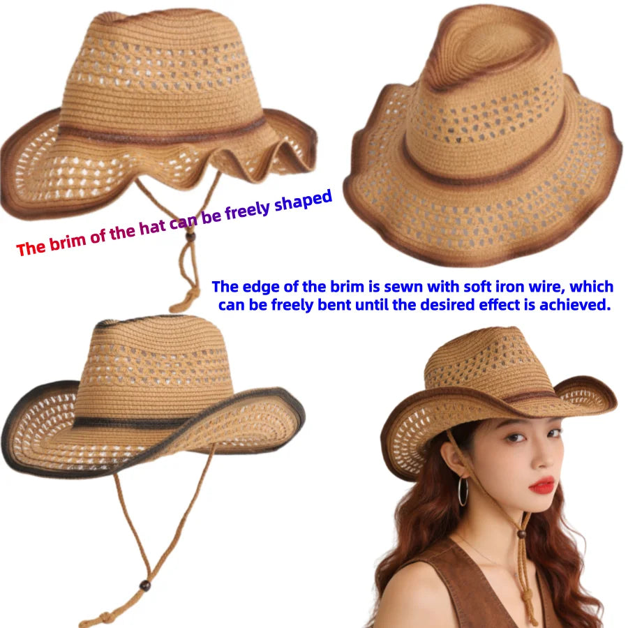 Breathable Hollow-Out Woven Denim Straw Hat with Black Trim and Contrasting Color, with Windproof Strap, Suitable for Outdoor Beach Sun Protection, Unisex, Holiday Gift
