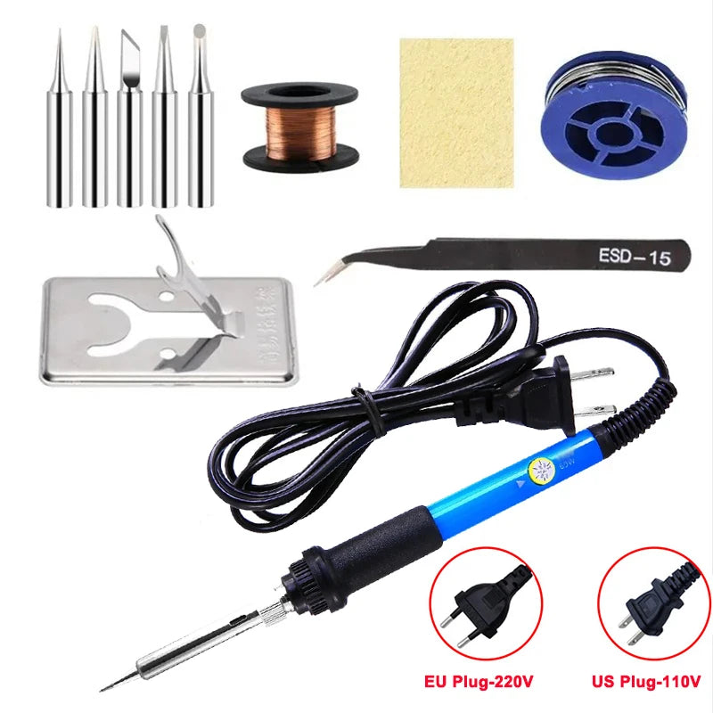 60W Adjustable Temperature Soldering Iron — US & EU Plug, Soldering Kit Options