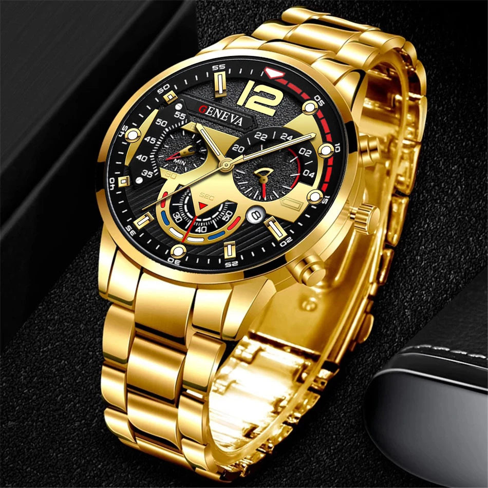 Men's Stainless Steel Quartz Watch – Chronograph-Style Dial with Calendar