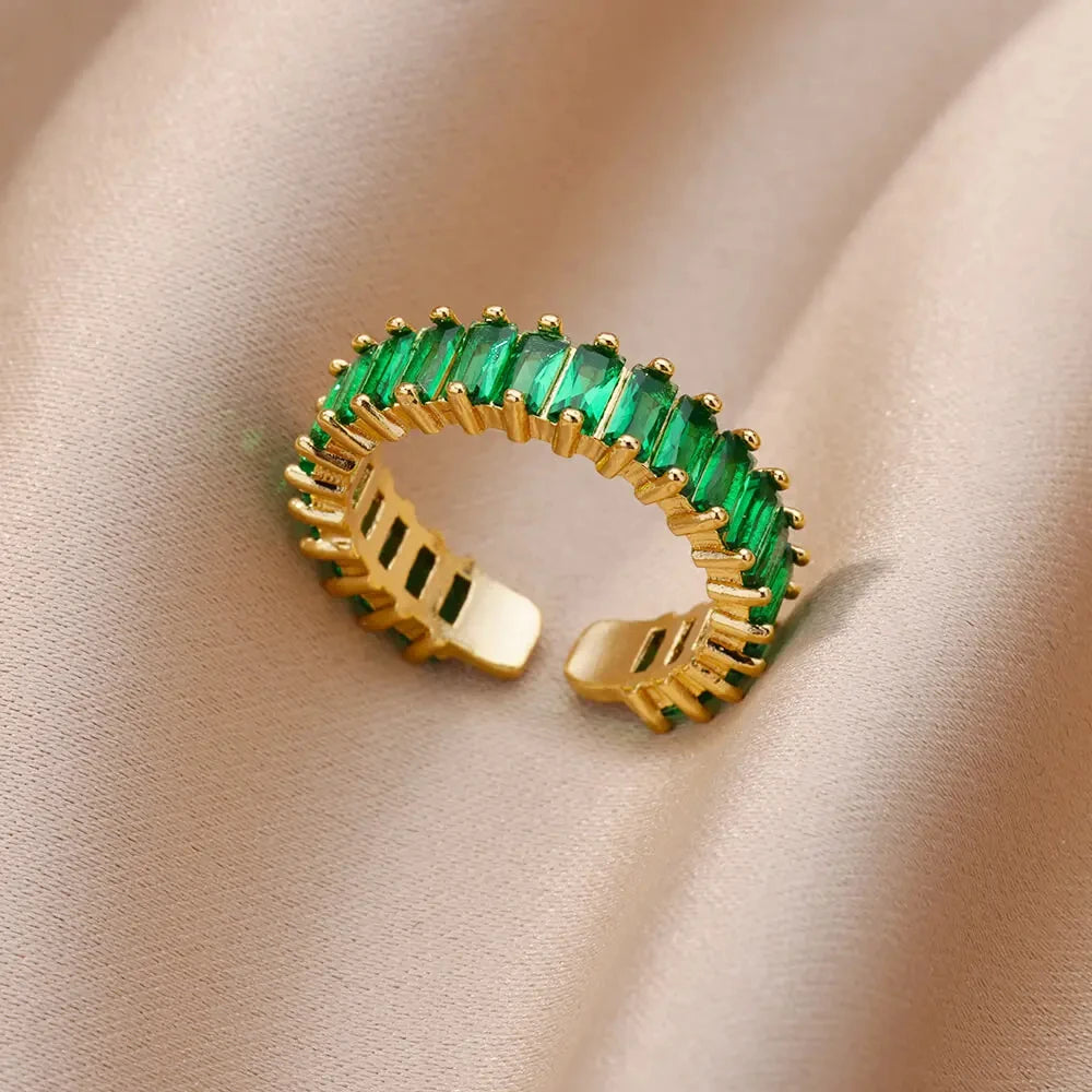 Colorful Cubic Zirconia Open Ring | 18K Gold Plated Stainless Steel | Boho Vintage Style | Women's Gift