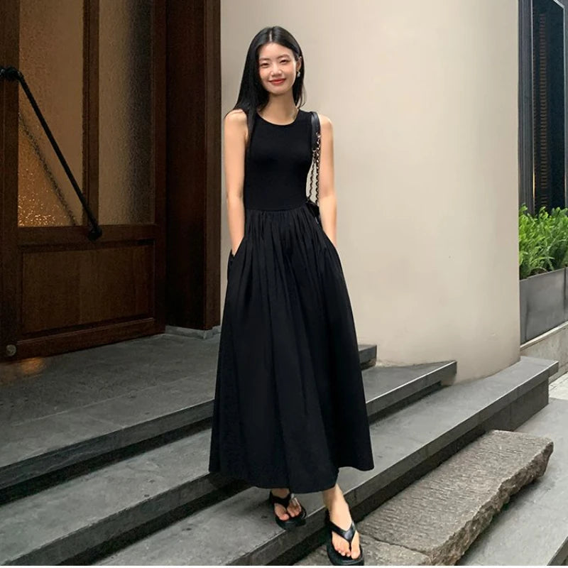 Women's Black Sleeveless A-Line Midi Dress with Pockets