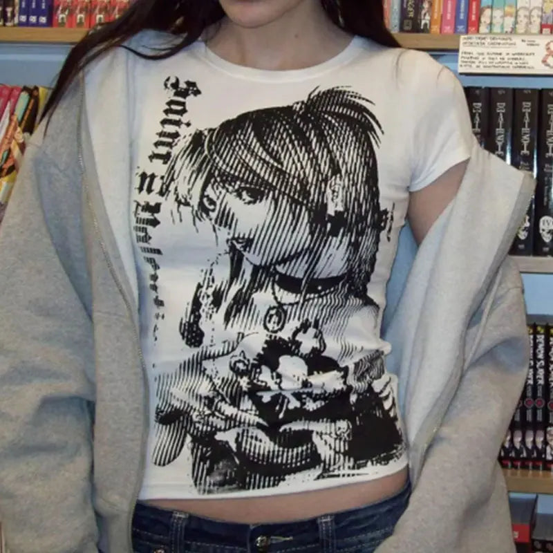 Camisetas con estampado de texto de los 90 estilo Harajuku, cuello redondo, ropa de los 2000, camiseta corta sencilla de estilo vintage, emo estético, informal para mujer