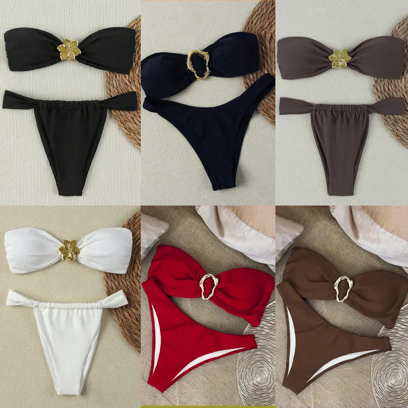 Women's Bandeau Push-Up Bikini Set – Gold Ring Detail & Brazilian Bottom