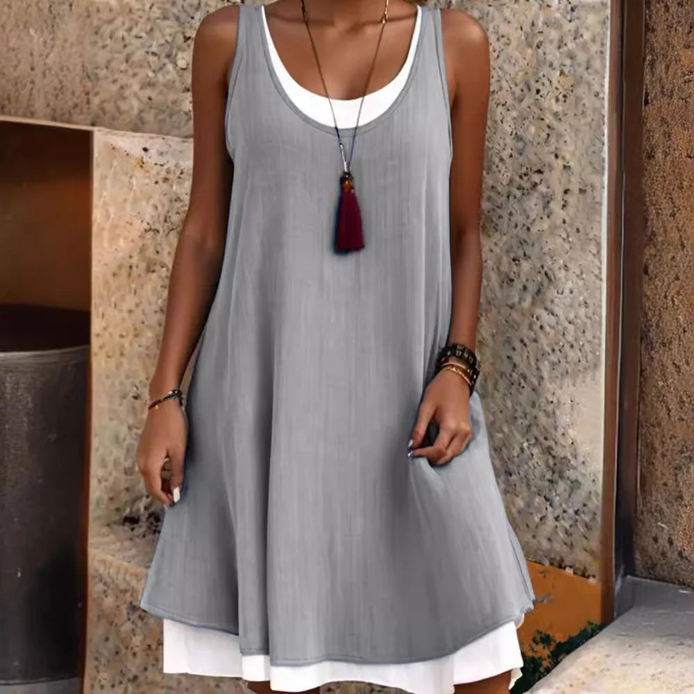 Women's Sleeveless Fake Two-Piece Loose A-Line Dress