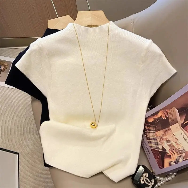 Suéter de punto ajustado de cuello alto básico para mujer | Camiseta ajustada de manga corta Talla única
