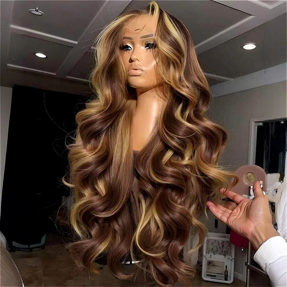 Honey Blonde Highlight Body Wave Lace Front Wig — Brazilian Remy Human Hair