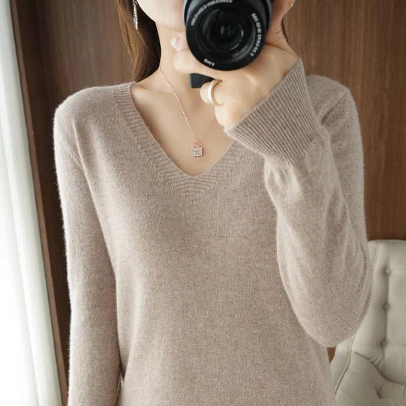 Women's V-Neck Lace Hollow-Out Knit Sweater | Casual Long Sleeve Pullover 10 Colors M-XXL