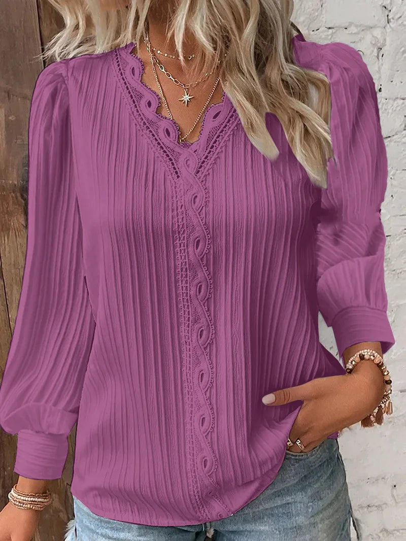 Women's Lace Patchwork Blouse - V-Neck Long Sleeve (S-XXL)