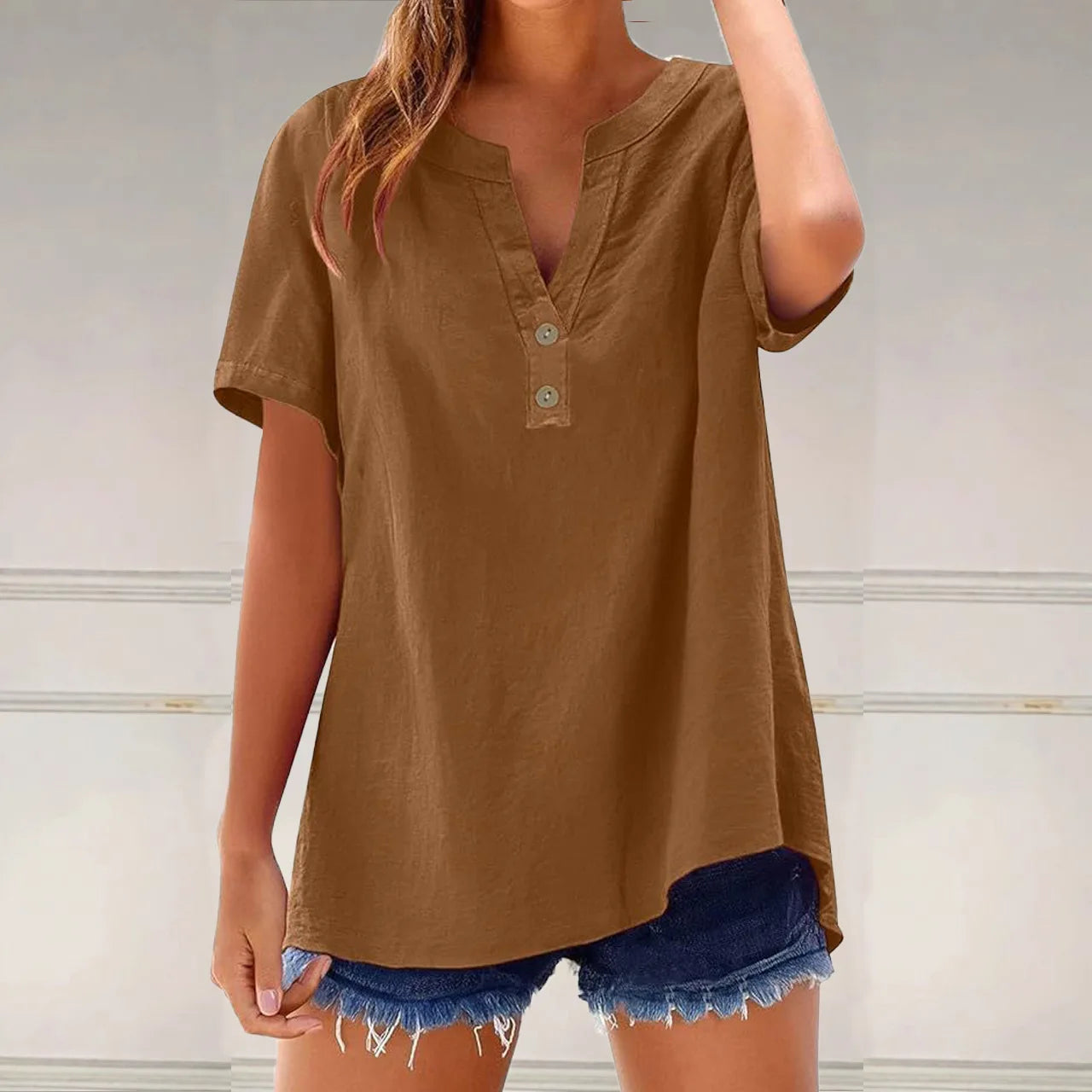 Summer Cotton Linen Women Shirts Fashion Breathable Solid Color V-Neck Blouses Casual Short Sleeve Button Lady Office Tops 2025