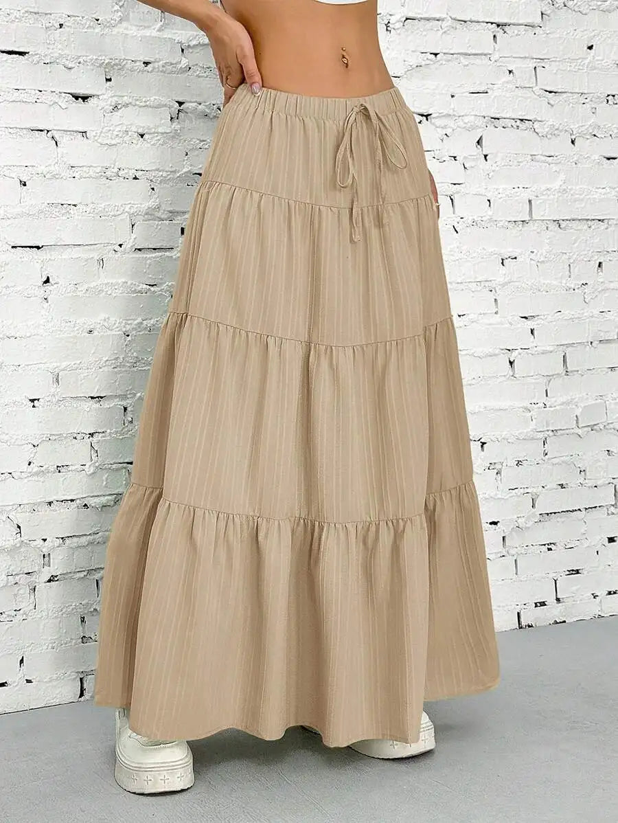 Tie-Strap Pleated Flared Maxi Skirt