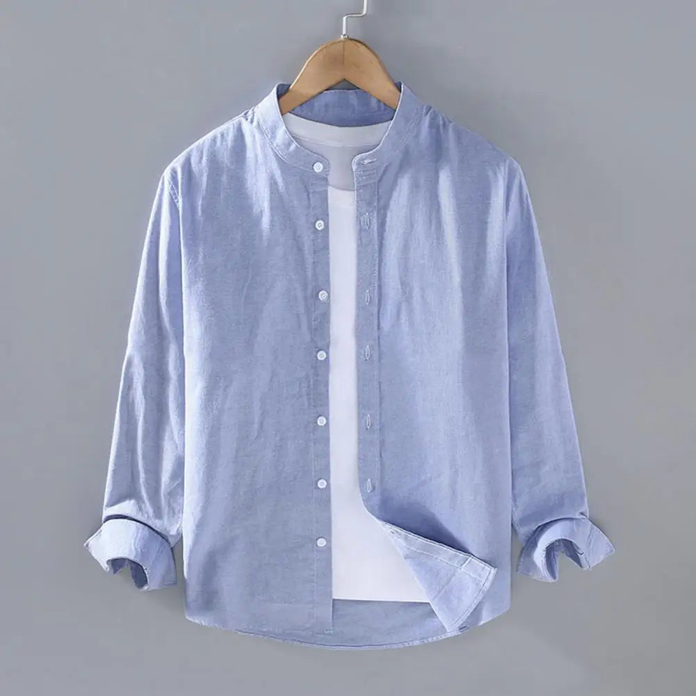 Camisa de lino de cuello mao para hombre - Manga larga casual (M-4XL)