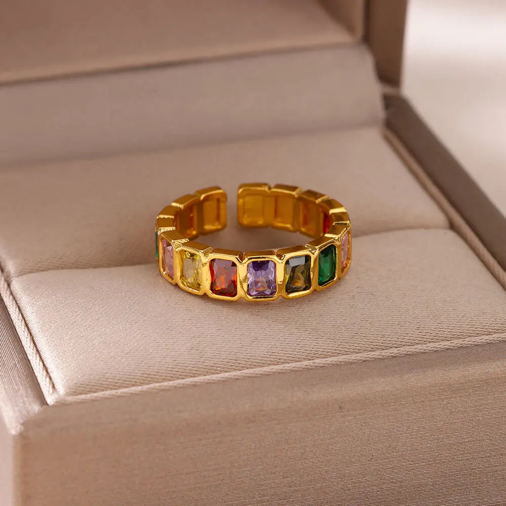Colorful Cubic Zirconia Open Ring | 18K Gold Plated Stainless Steel | Boho Vintage Style | Women's Gift