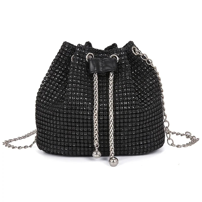 Sparkling Rhinestone Drawstring Bucket Purse — Crossbody Bag for Women