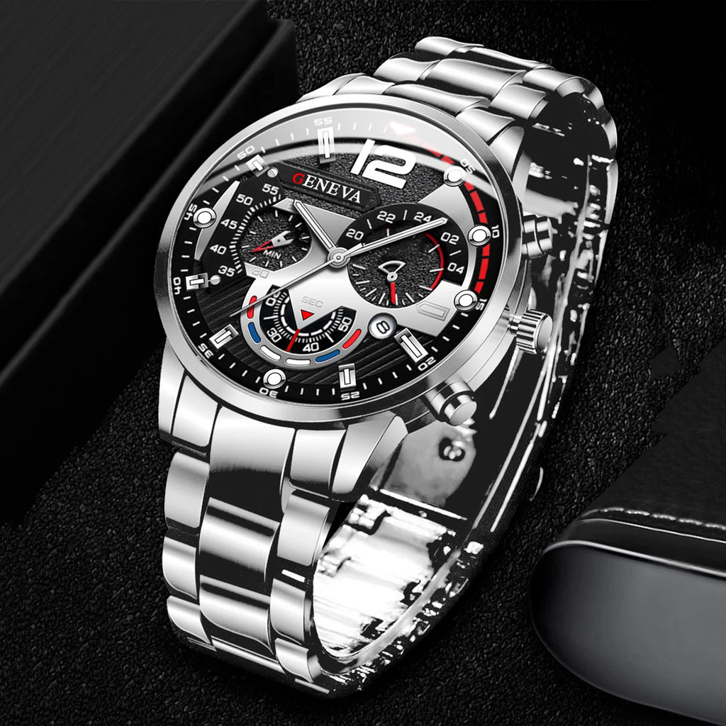 Reloj de cuarzo para hombre de acero inoxidable – Esfera tipo cronógrafo con calendario
