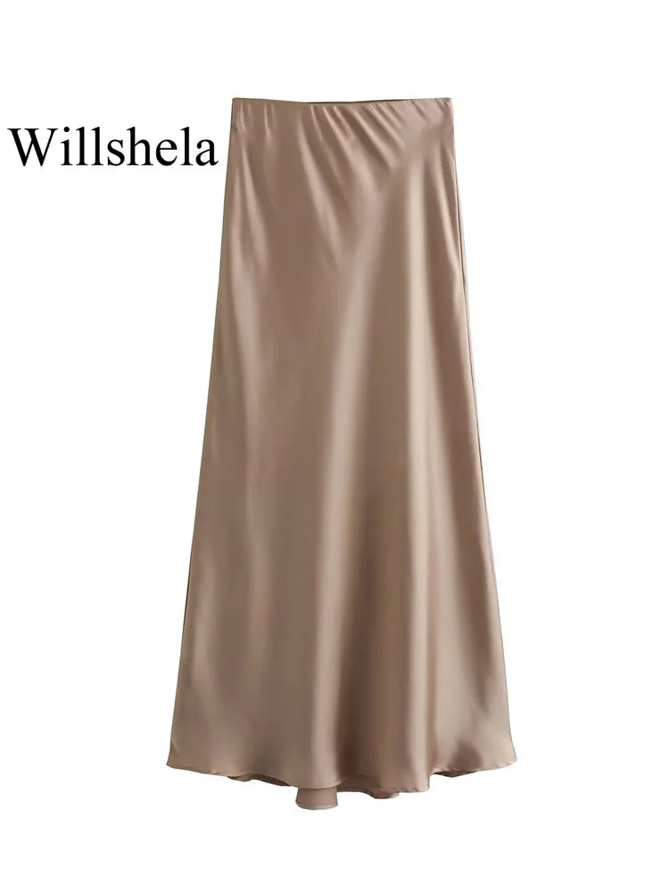 Satin High-Waist Midi Skirt – Solid Colors