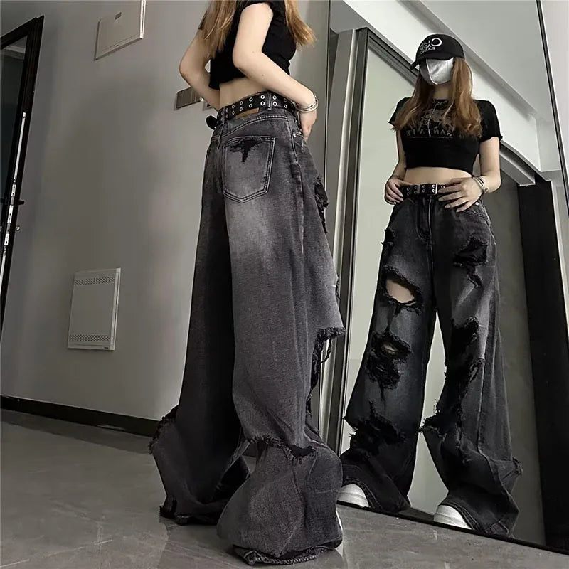 Vintage Black Ripped Wide-Leg Jeans