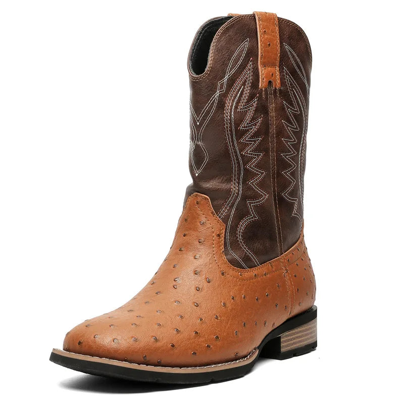 Men's Retro Slip-On Cowboy Boots – Wide Square Toe Embroidery Mid-Calf