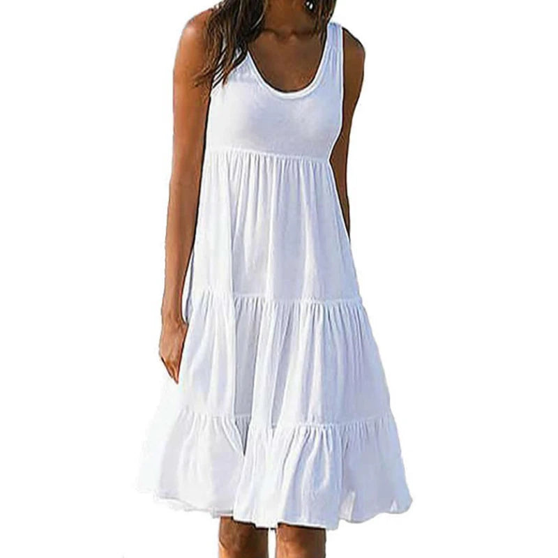 Minivestido informal sólido para mujer Verano 2024 Elegante sin mangas con volantes Vestido corto suelto para fiesta en la playa Vestido playero extragrande estilo urbano
