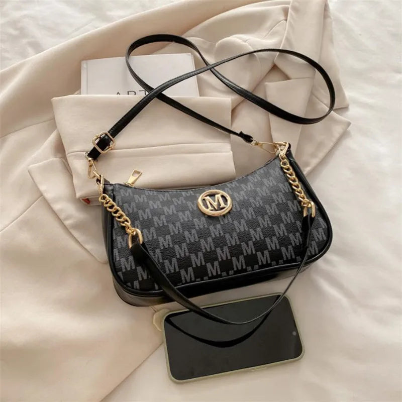 Vintage Gold Letter 'M' PU Leather Crossbody Bag — Shoulder & Messenger Handbag