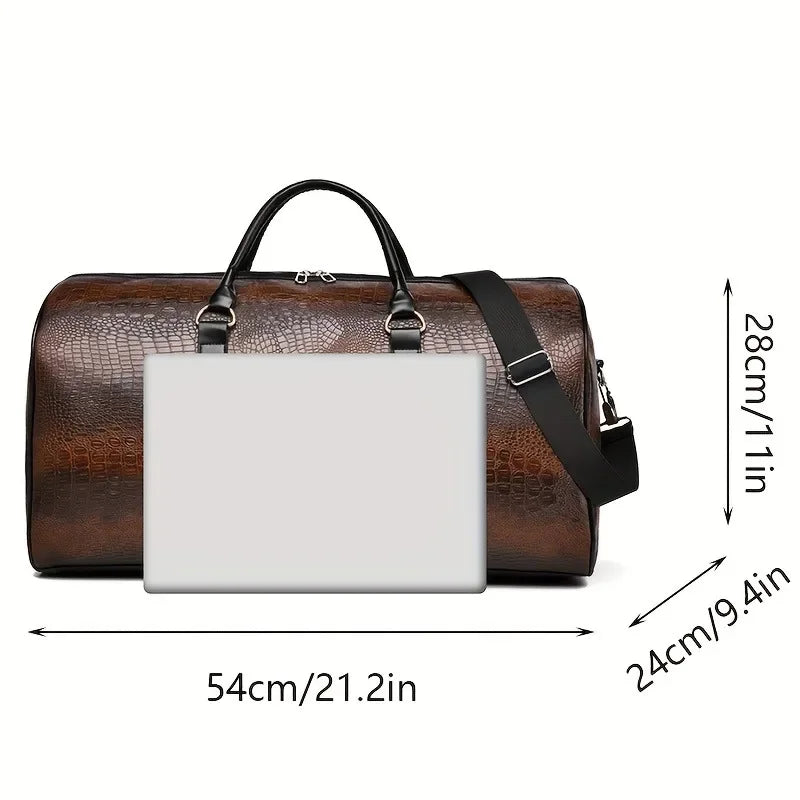 Retro Crocodile-Textured PU Leather Travel Duffel Bag