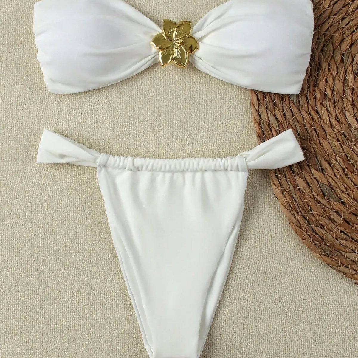 Women's Bandeau Push-Up Bikini Set – Gold Ring Detail & Brazilian Bottom