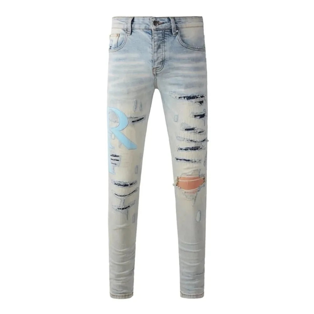 Slim Fit Ripped Denim Jeans – Retro American Streetwear