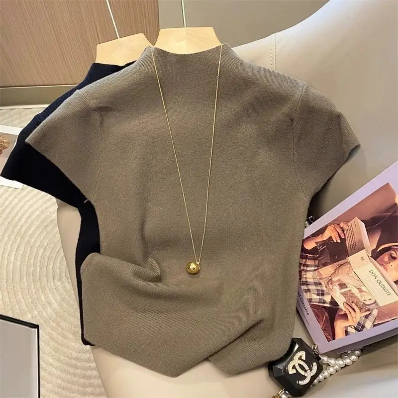 Suéter de punto ajustado de cuello alto básico para mujer | Camiseta ajustada de manga corta Talla única