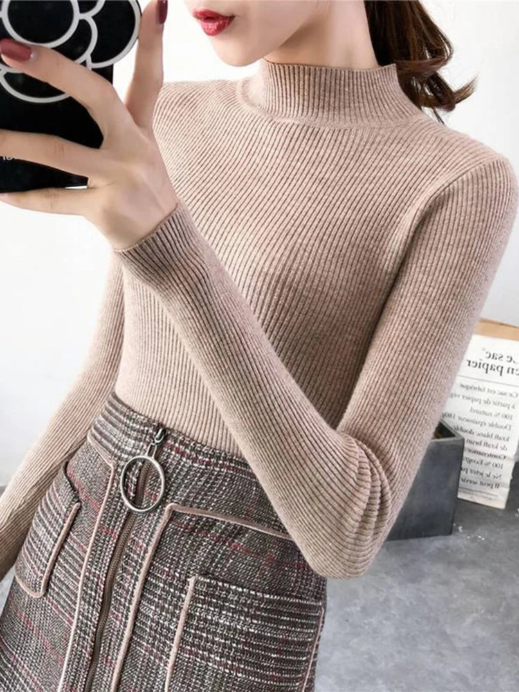 Women's Mock Neck Slim Knit Pullover | Vintage Basic Solid Sweater 11 Colors One Size